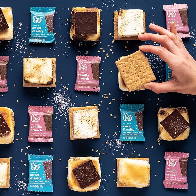 Theo Organic 55% Dark Chocolate Squares Vanilla Crunch w/Vanilla Sea Salt 6 Pouches (7 Individually Wrapped Singles per Pouch) 42 Pieces Vegan Fair Trade