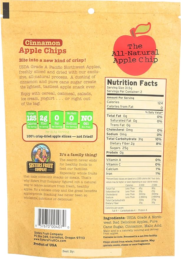 Sisters Fruit Company Apple Chips Cinnamon Apple All Natural Gluten-Free Fat-Free (Contains SIX 2.25 OZ. Bags)