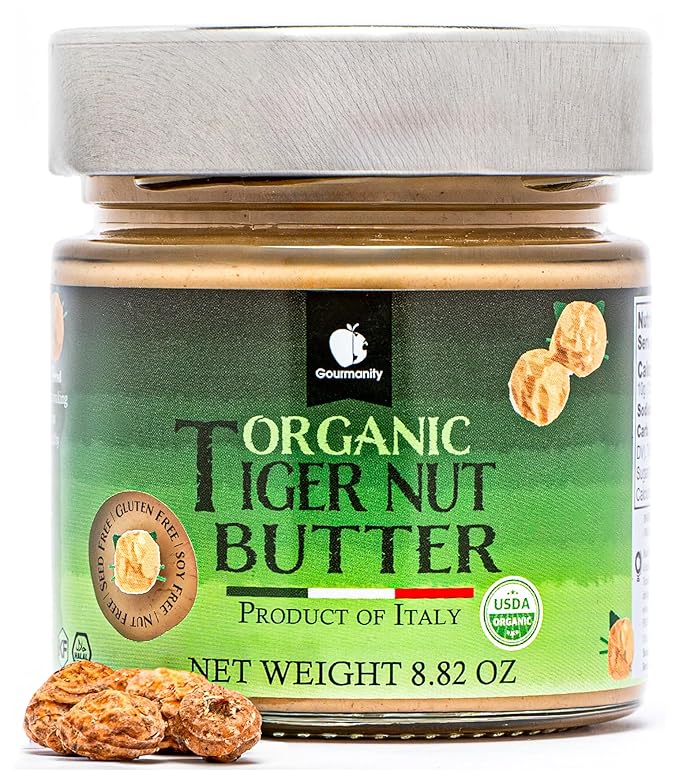 Gourmanity Organic Tigernut Butter Sweet and Nutty Tasting Nut Free Peanut Butter Alternative Compliant With Low Fodmap And Whole 30 Diets Ideal For Dipping And Drizzling 8.8oz / 250g Jar