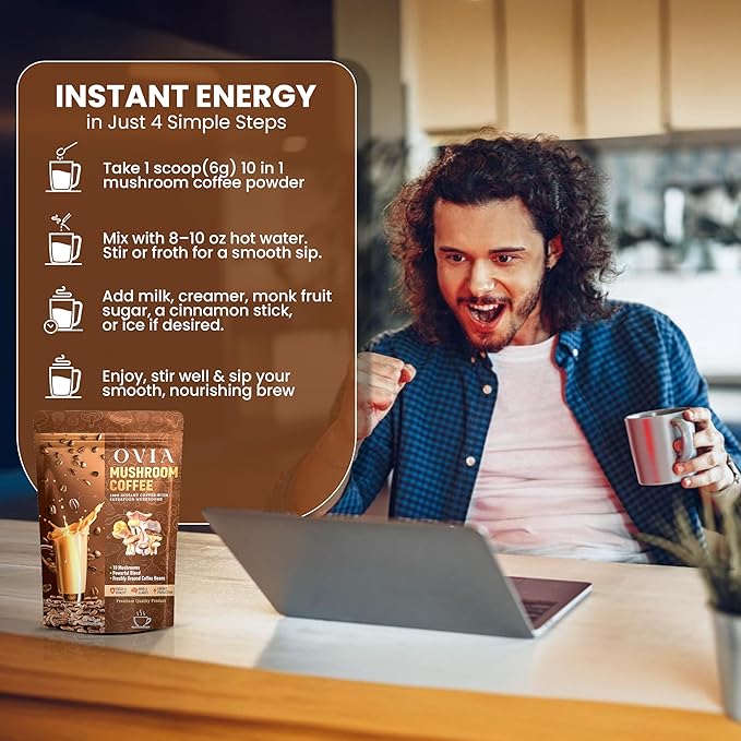OVIA Natural 10 Mushroom Coffee with 3500mg for Weight Management Focus &amp Gut Health - Daily Dose Ten Mushroom Coffee for Clean Energy - Low Caffeine Adaptogenic Instant Coffee with Lion’s ManeC