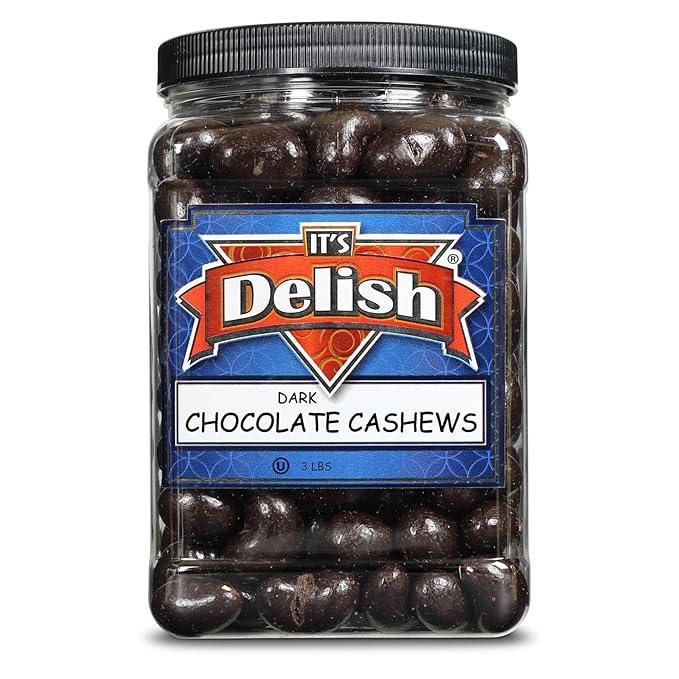 Dark Chocolate Covered Cashews by Its Delish 3 LBS Jumbo Reusable Container (Jar) | Gourmet Dark Chocolate Cashews Healthy Snacks Chocolate Nuts USA Made Vegan Kosher