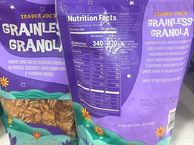 Trader Joe's Grainless Granola Sweet and Salty Clusters with Almonds Coconut Sunflower Seeds Pumpkin Seeds Vegan Gluten Free 10 oz