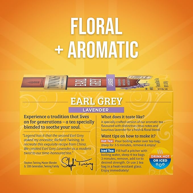 Twinings Earl Grey Lavender Black Tea Individually Wrapped Bags 20 Count (Pack of 1) Citrus Bergamot &amp Floral Caffeinated Enjoy Hot or Iced 20 Teabags