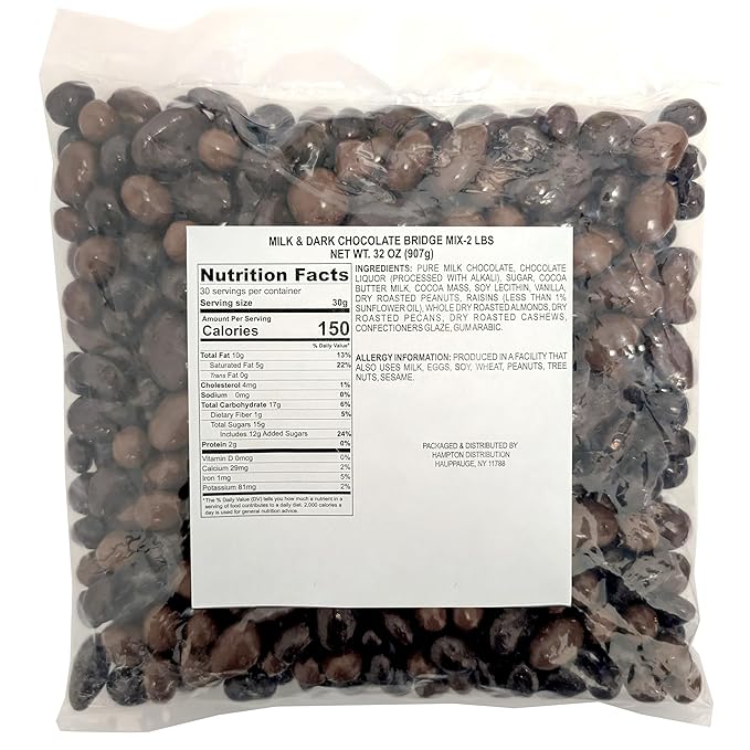 Bridge Mix 2 Pound Bulk Bag Milk and Dark Chocolate Covered Raisins Peanuts Almonds Cashews and Pecans