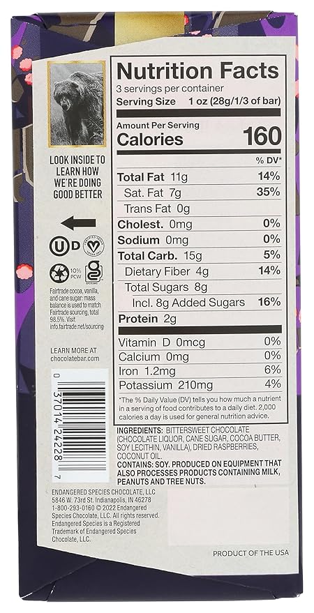 Endangered Species Raspberries 72% Cocoa Dark Chocolate Bar Fair Trade Vegan Friendly Kosher Gluten Free &amp Non-GMO 3 Ounce (Pack of 12)