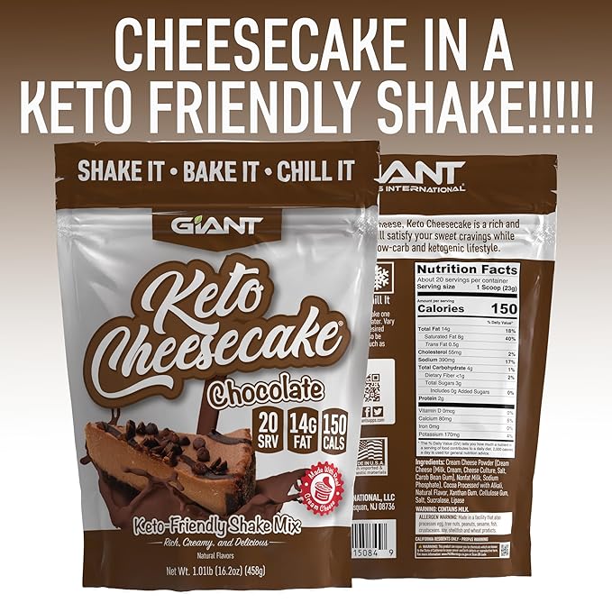 Giant Sports Keto Cheesecake Shake Mix - Delicious Low Carb Ketogenic Diet Gluten Free Powder Mix - Works Great with Almond Milk - Chocolate (20 Serving Bag)