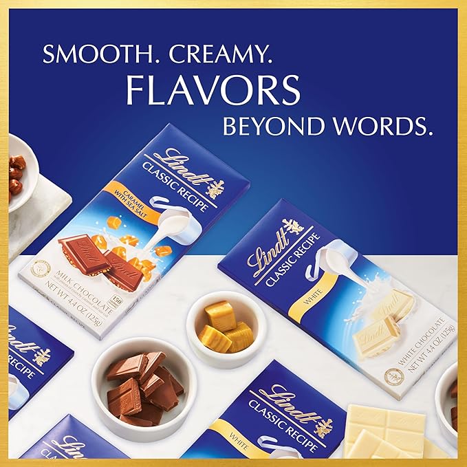 Lindt CLASSIC RECIPE Caramel with Sea Salt Milk Chocolate Bar Milk Chocolate Candy with Pieces of Caramel and Sea Salt 4.4 oz. (12 Pack)