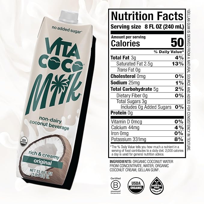 Vita Coco Original Organic Coconut MilkPlant BasedDairy Free Milk Alternative-Gluten FreeSoy-Freeand UnsweetenedNo Added Sugar-Perfect Add to CerealSmoothiesDesserts-33.8 Ounce(Pack of 12)