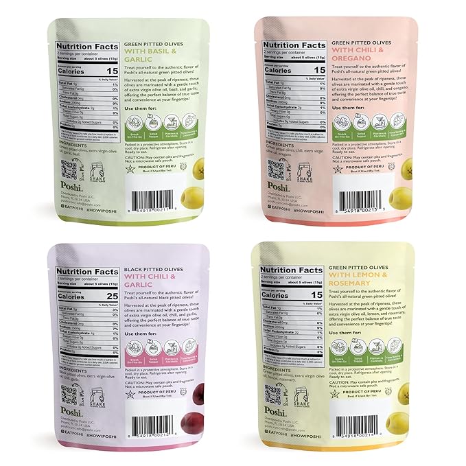 Poshi Natural Whole Pitted Olives | 24 Pack Variety | Basil &amp Garlic Chili &amp Oregano Chili + Garlic Lemon &amp Rosemary | Vegan Kosher Gluten Free + Keto Friendly Healthy Snacks 1.1 Oz