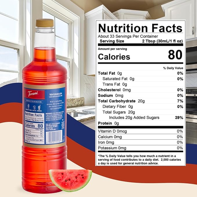 Torani Watermelon Syrup 1 Liter with Pump – Juicy Summer Flavoring for Drinks Cocktails &amp Mocktails – Pure Cane Sugar Natural Flavors BPA-Free Bottle – Refreshing Beverage Syrup