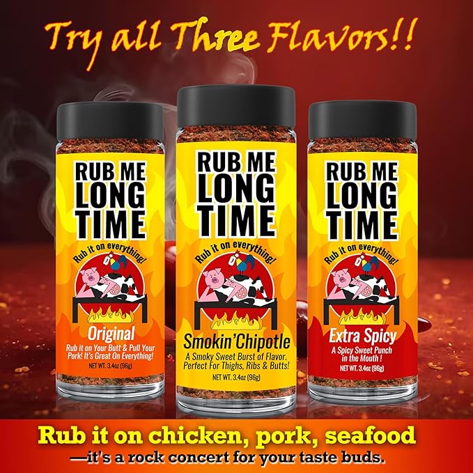 RUB ME LONG TIME (96g)| Sweet Salty &amp Spicy BBQ Rub | Original Smokin' Chipotle Extra Spicy | Perfect for Chicken Pork &amp Seafood