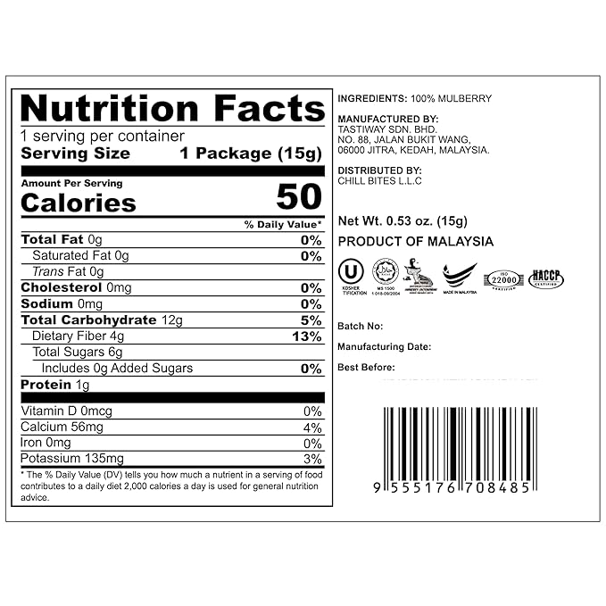 ALOR 100% Natural Dried Black Mulberries – Unsweetened No Sugar Added Antioxidant-Rich Superfruit Snack Crunchy Crispy &amp Gluten-Free Healthy Freeze-Dried Mulberries (15 Grams x 8 Packs-Mulbe