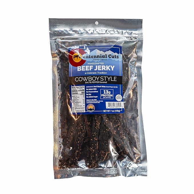 Centennial Cuts Beef Jerky – Cowboy Style - High Protein Zero Sugar &amp Zero Carbs 3 Simple Ingredients – 7 oz Snack