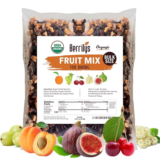 Fruit Mix Organic 5 Lbs Berrilys Dried Fruits Diced Figs Diced Apricots White Mulberries Sultanas Sour Cherries No Sugar Added Trail Mix for Baking and Snacking
