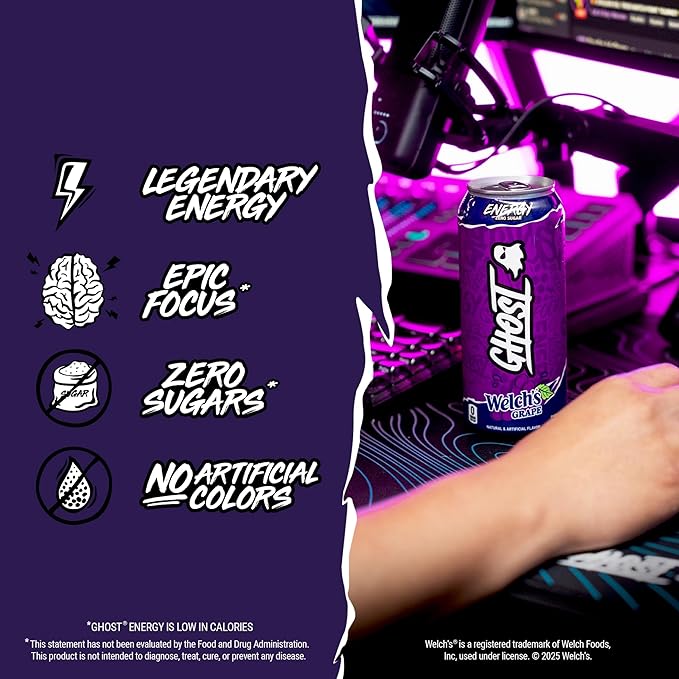 GHOST Energy Drink - 12-Pack Welch's Grape 16oz Cans - Energy &amp Focus &amp No Artificial Colors - 200mg of Natural Caffeine L-Carnitine &amp Taurine - Gluten-Free &amp Vegan