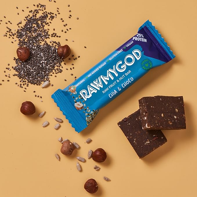 RAWMYGOD Fruit and Nut Bars Good Source of Protein (10g 25% protein content) Gluten Free Vegan No Added Sugar (16 bars Chia &amp Choco)