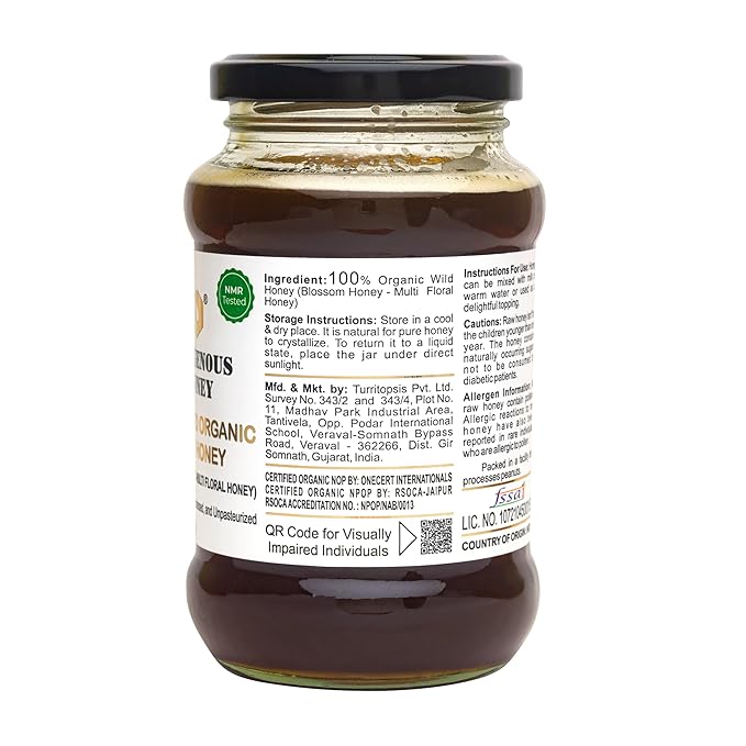 INDIGENOUS HONEY USDA Certified Organic Raw Wild Blossom Honey Unfiltered Small-Batch Micro-Lot Harvest Glass Jar Single-Origin 17.64 oz