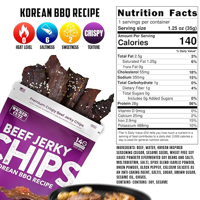 Wicked Cutz Jerky Chips Variety Pack Up to 28g Protein Per Bag Cracked Pepper Teriyaki Roasted Red Pepper &amp Korean BBQ Flavored Beef Jerky Crisps USA Made High Protein Carnivore Snacks (4 Ba