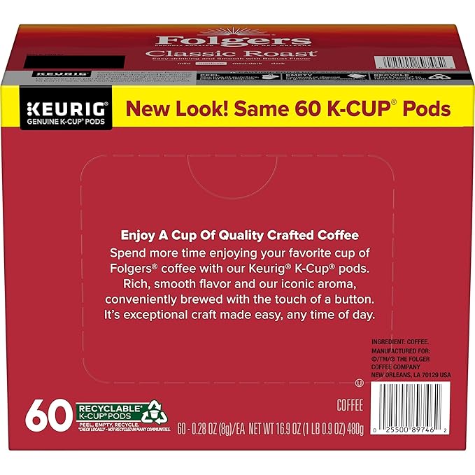 Folgers Classic Roast Coffee Medium Roast Keurig K-Cup Pods 10 Count Box (Pack of 6)