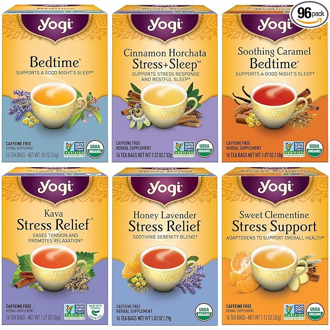 Yogi Tea Stress Relief &amp Herbal Tea Variety Pack - 16 Bags per Pack (6 Packs) - Organic Herbal Sampler - Includes Bedtime Kava Stress Relief Soothing Caramel Bedtime &amp More