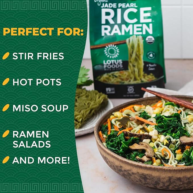 Lotus Foods Jade Pearl Organic Rice Ramen - Gluten Free Rice Ramen Whole Grain Ramen Noodles Organic Vegan Rice Noodles Low Sodium Non Gmo Usda Organic - 10 Oz Bags (Pack Of 6)