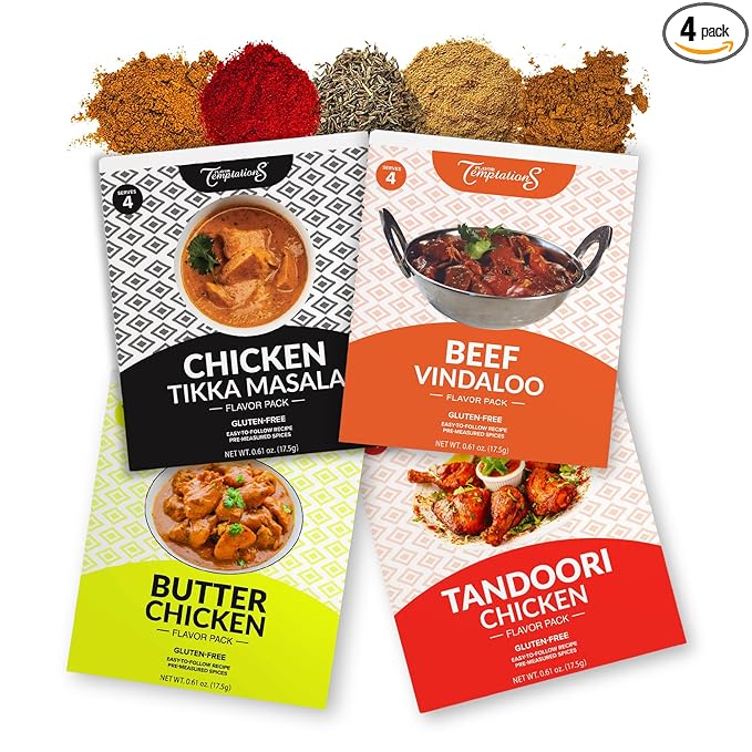 TIKKA MASALA BUTTER CHICKEN TANDOORI CHICKEN BEEF VINDALOO INDIAN FOOD SPICES Beginner Seasoning Set by Flavor Temptations. Gluten free Salt free. 4 Packs (Total 16 Servings)