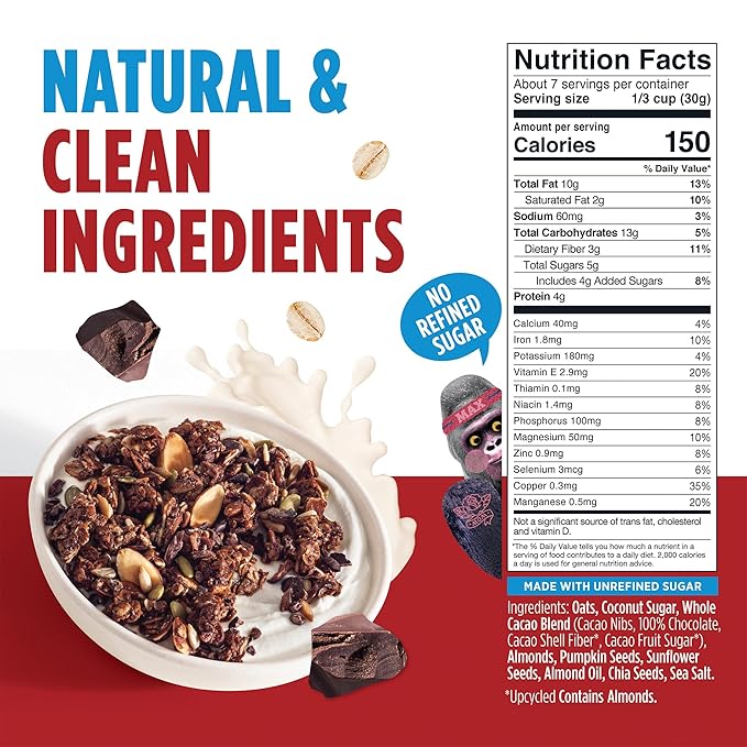 Blue Stripes Whole Cacao Granola - Gluten Free 70% Dark Chocolate Granola for Cereal Oatmeal Yogurt 5g Protein Per Serving Source of Fiber Vegan Low Sugar - Dark Chocolate 7 oz Bag (3 Pack)