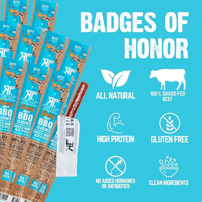 Righteous Felon Meat Sticks | 100% Grass Fed Beef | 9g Protein per Stick | Keto Gluten-Free Low Sugar High Protein Snack Sticks | Individually Wrapped | Honey Heist BBQ Beef Sticks 10 Count