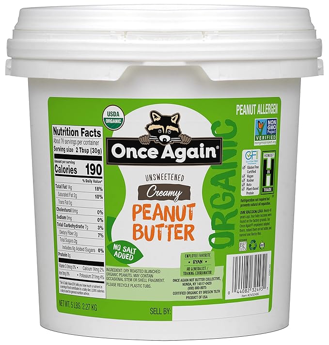 Once Again Organic Creamy Peanut Butter 5lb Pantry Pal (same as 5 jars) - Salt Free Unsweetened - USDA Organic Gluten Free Certified Vegan Kosher