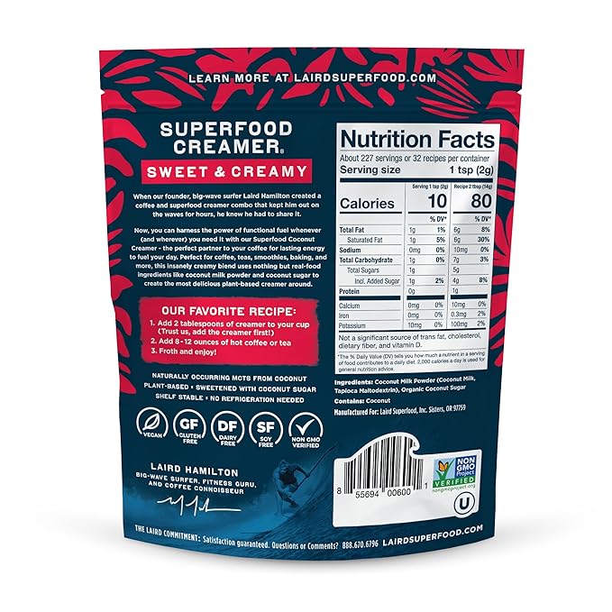 Laird Superfood Non-Dairy Superfood Creamer - Coconut Powder Coffee Creamer - Sweet &amp Creamy - Gluten Free Non-GMO Vegan - 16 oz. Bag Pack of 1