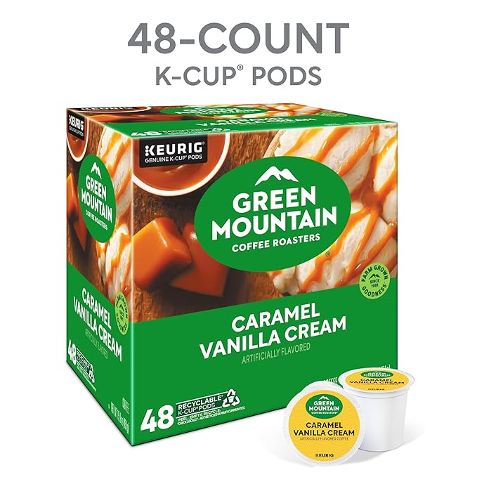 Green Mountain Coffee Roasters Caramel Vanilla Cream Single-Serve Keurig K-Cup Pods Flavored Light Roast Coffee Pods 48 Count