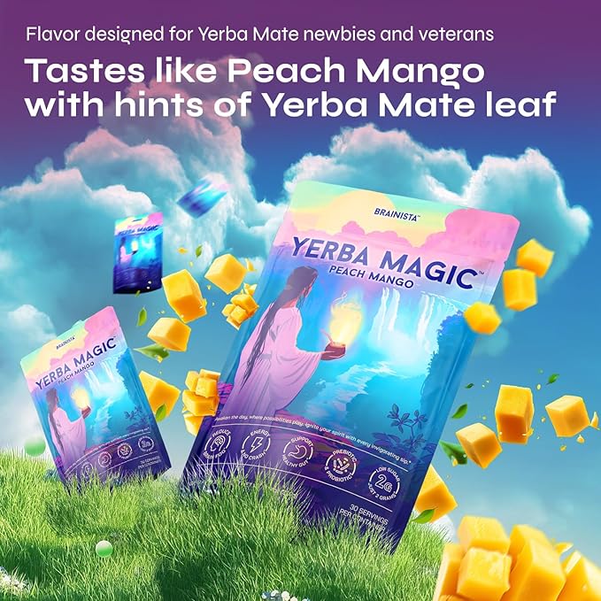 Yerba Magic Yerba Mate Powder Packets - Instant Clean Energy &amp Focus Drink Mix for Gut Health - Nootropic Blend with Lion’s Mane L-Theanine Prebiotics &amp Probiotics - Low Sugar Natural Caffei