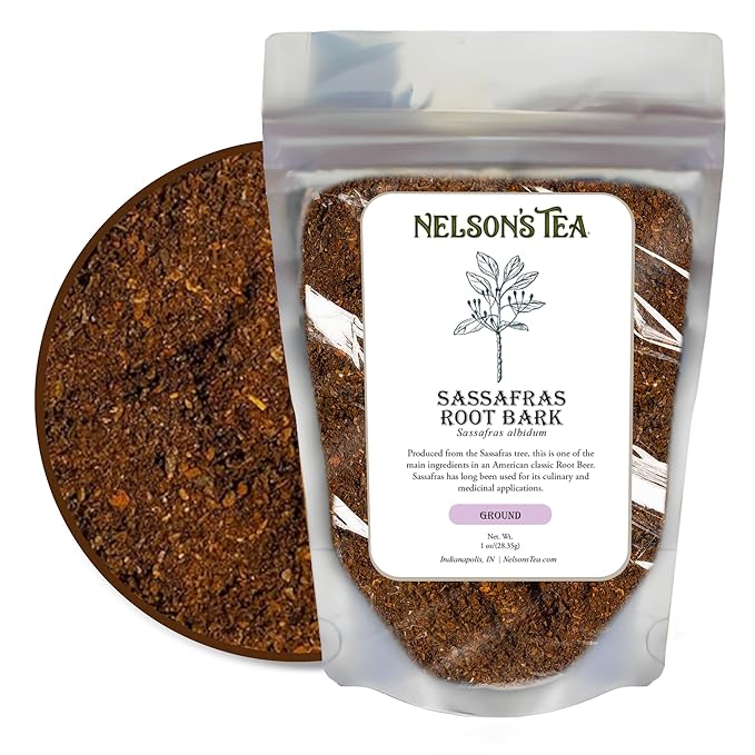 Nelson’s Tea - Sassafras Root Bark Ground - Caffeine Free - Aromatic Sassafras Albidum - Freshly Packed in a Resealable Bag for Lasting Freshness (1oz)