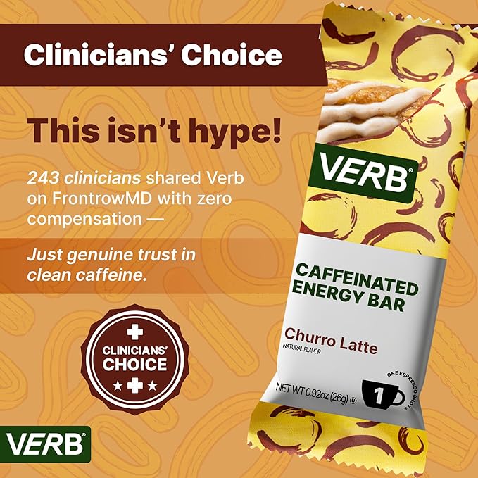 Verb Caffeinated Energy Bars Churro Latte (26g Pack of 16) 110-Calorie Delicious Low Sugar Energy Bar - Vegan Gluten Free On-the Go Snack with 80mg Green Tea Caffeine Only Real-Food Ingredients