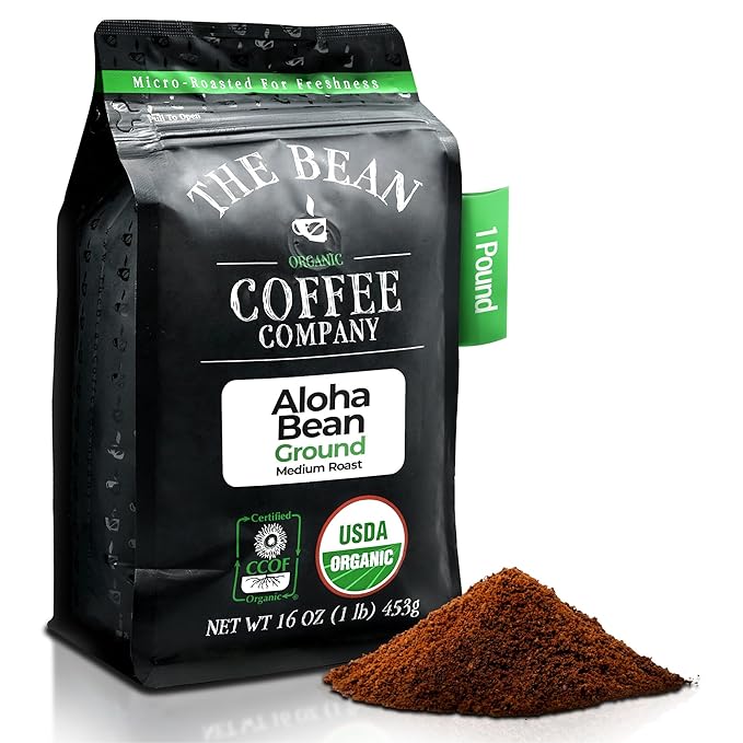 The Bean Organic Coffee Company Aloha Bean (Hawaiian Hazelnut) Medium Roast Ground Coffee 16-Ounce BagCafé molido tostado organico