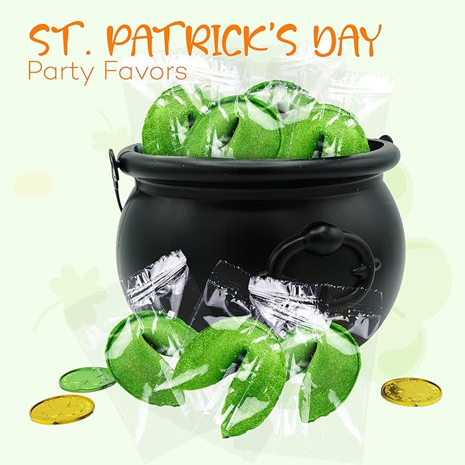 4E's Novelty St Patricks Day Fortune Cookies (50 Pack) Bulk Individually Wrapped Green Fortune Cookies With 50 Unique St Patricks Day Themed Fotune Party Favors &amp Candy Bowl Filler