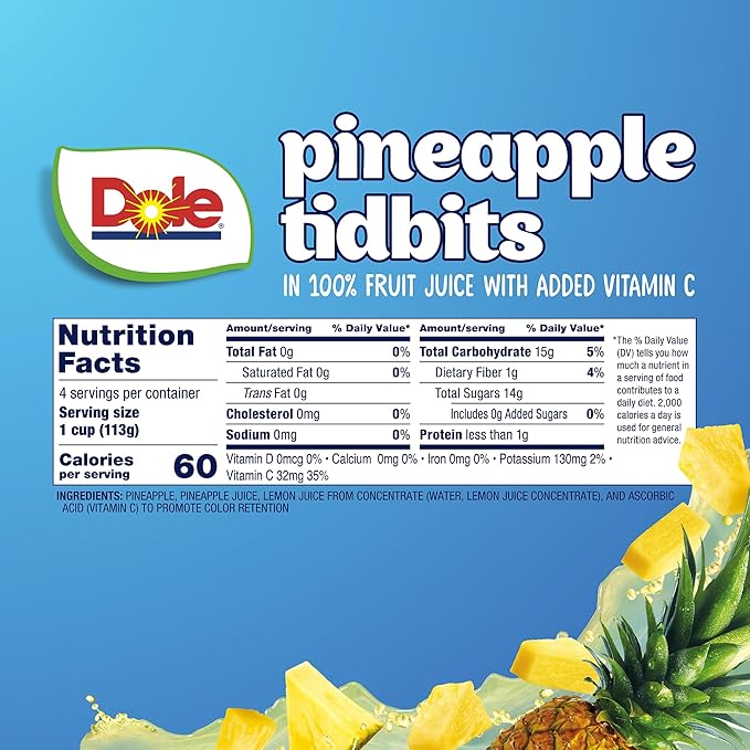 Dole Fruit Bowls Pineapple Tidbits in 100% Juice Snacks 4oz 24 Total Cups Gluten &amp Dairy Free Bulk Lunch Snacks for Kids &amp Adults