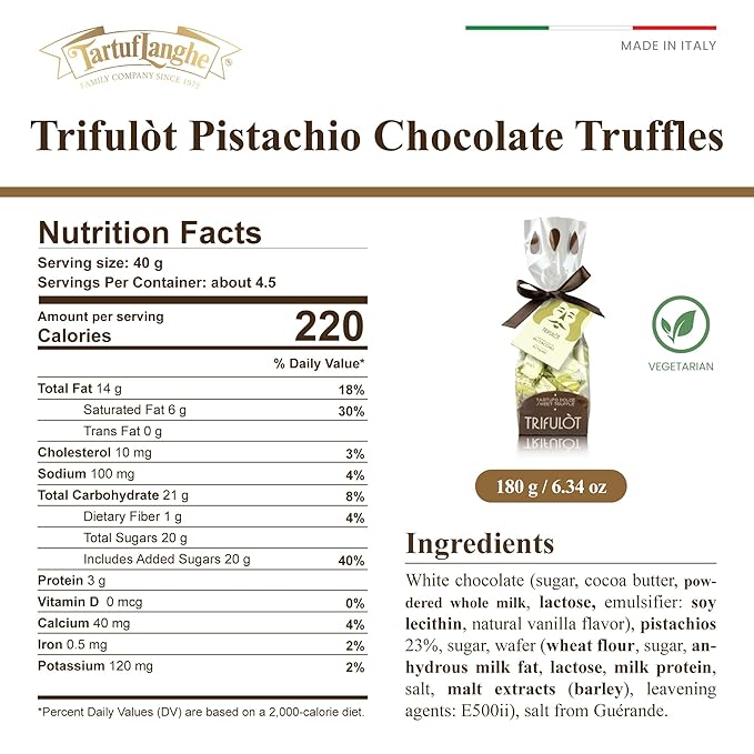 TartufLanghe Trifulot White Chocolate Truffles with Pistachios - Individually Wrapped Pistachio Praline Candy Gourmet Italian Truffle Candy Fancy Chocolate Gift Set From Italy - 6.34 oz
