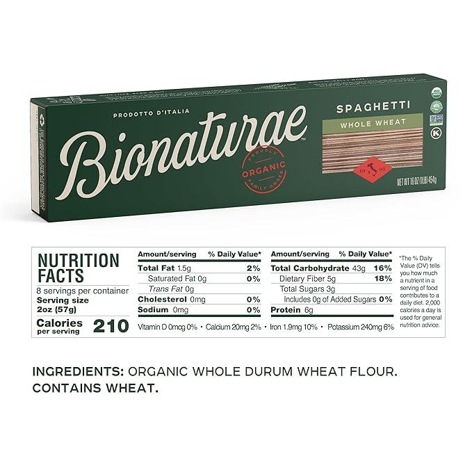 Bionaturae Spaghetti Pasta Noodles - Whole Wheat Pasta Kosher Certified High Protein Non-GMO USDA Certified Whole Wheat Spaghetti Spaghetti Pasta Organic Crafted in Italy - 16 Oz 6 Pack