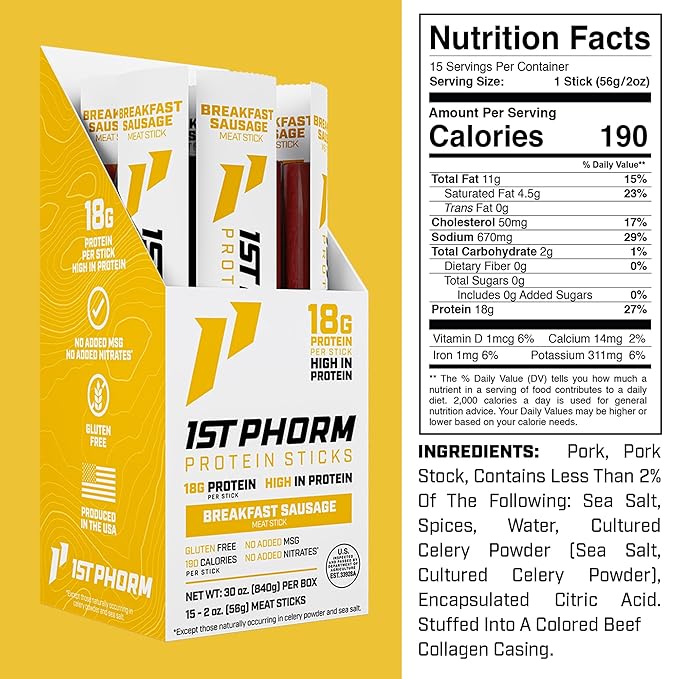 1st Phorm Meat Sticks Breakfast Sausage 18G Protein per Serving USA Raised Lean Beef and Pork High Protein Snacks Gluten Free No Msg or Nitrates Individually Wrapped 15 Count