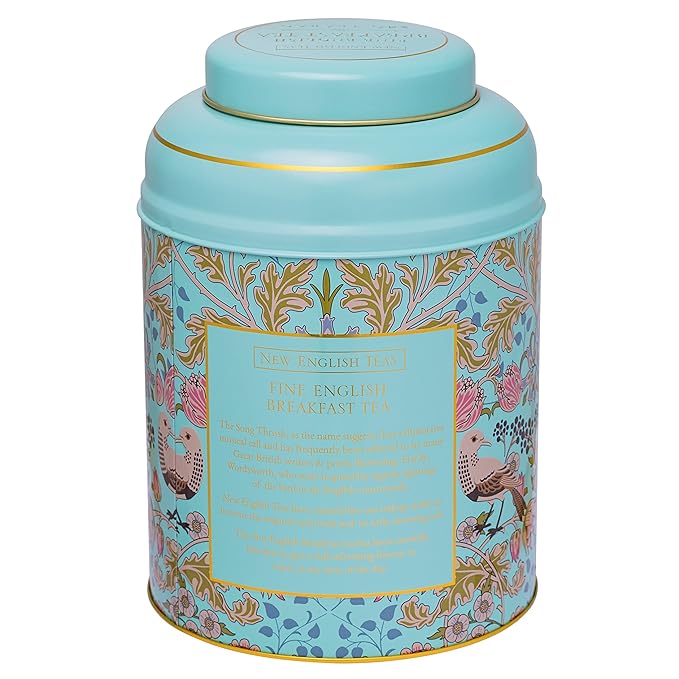 New English Teas Song Thrush &amp Berries Tea Tin in Mint Green with 240 English Breakfast Teabags