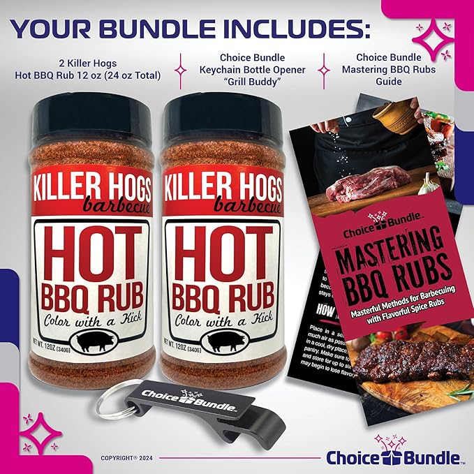 Killer Hogs Hot BBQ Rub Premium Barbecue Rub &amp Seasoning 2 pk (24 oz) + Guide &amp Bottle Opener (4 Items)!