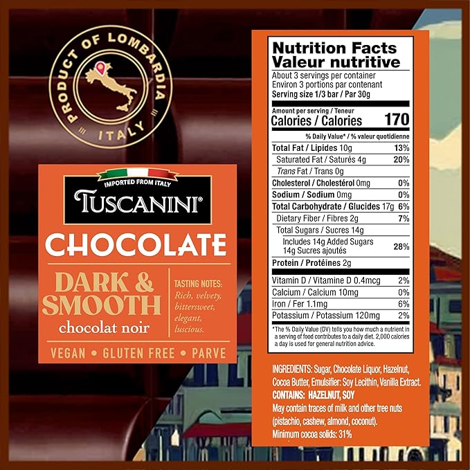 Tuscanini Italian Chocolate Bar Dark &amp Smooth 3.5oz (4 Pack) | Imported from Italy | Vegan Gluten Free | Dairy Free | Rich Dark Chocolate with Hazelnut &amp Vanilla | Gourmet European Chocolat