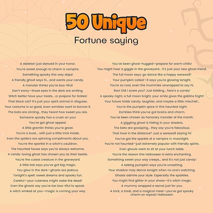4E's Novelty Halloween Fortune Cookies Bulk - 50 Individually Wrapped with 50 Funny &amp Scary Fortune Cookies Sayings for Kids &amp Adults Trick-or-Treat Perfect for Halloween Party