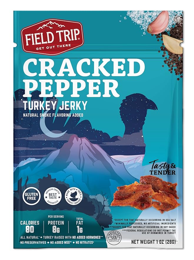 Field Trip Turkey Jerky Gluten Free Low Carb Healthy High Protein Snacks No Nitrates All Natural Ingredients Cracked Pepper 1oz Bags 12 Pack