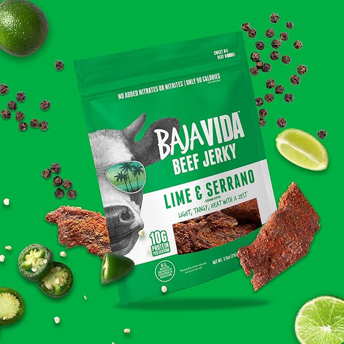 BAJA BEEF Vida Lime &amp Serrano Pepper Beef Jerky - Sweet and Spicy Beef Jerky Snack Packs Healthy Gluten-Free All-Natural No MSG Made in the USA - 2.5 Oz Bags (Pack of 4)