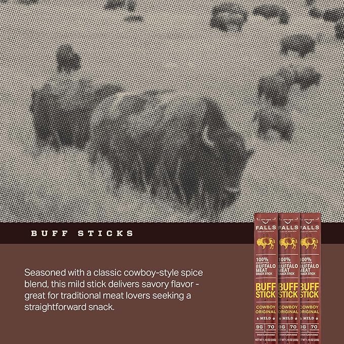 Grass-Fed Buffalo Meat Snack Sticks Cowboy Original Mild by Falls Family Ranches 12 Pack 1.15oz Stick Carton 9g Protein 0g Sugar 70 Calories
