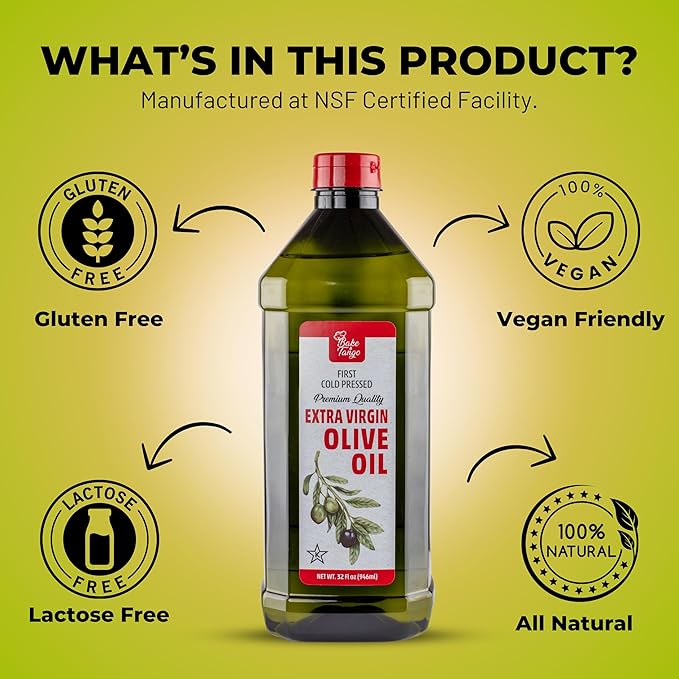 Bake and Tango 32 fl oz Extra Virgin Olive Oil - 100% Pure Cold-Pressed Certified Kosher Premium Quality for Cooking Baking and Salad Dressings