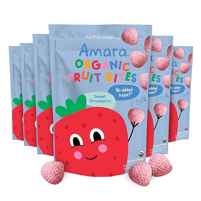 Amara Organic Fruit Bites Sweet Strawberry - No Added Sugar Dairy-Free Nut-Free Organic Fruit Snacks Made with Organic Whole Foods Allergy-Friendly Healthy Fruit Snacks for Kids - 21g 6PK