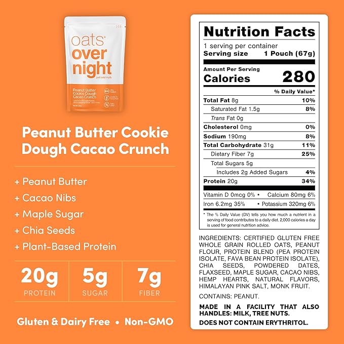 Oats Overnight Peanut Butter Cookie Dough Cacao Crunch 8 Pack &amp Chocolate Peanut Butter Banana 8 Pack - Vegan 20g Protein High Fiber Breakfast Shake - Gluten Free Non GMO Oatmeal